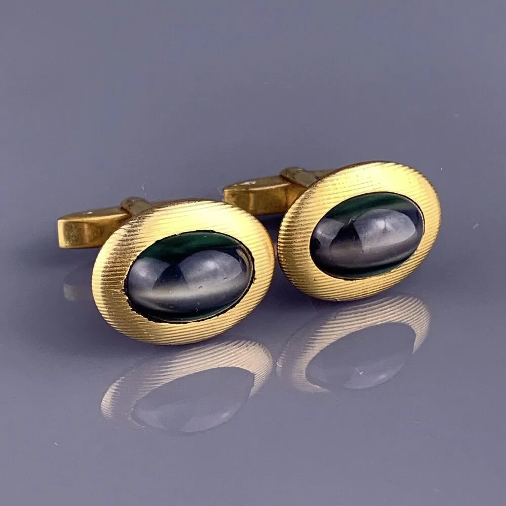 Green Stripes Glass Cufflinks 1/20 12k Gold Filled White Lines Art Deco Vintage